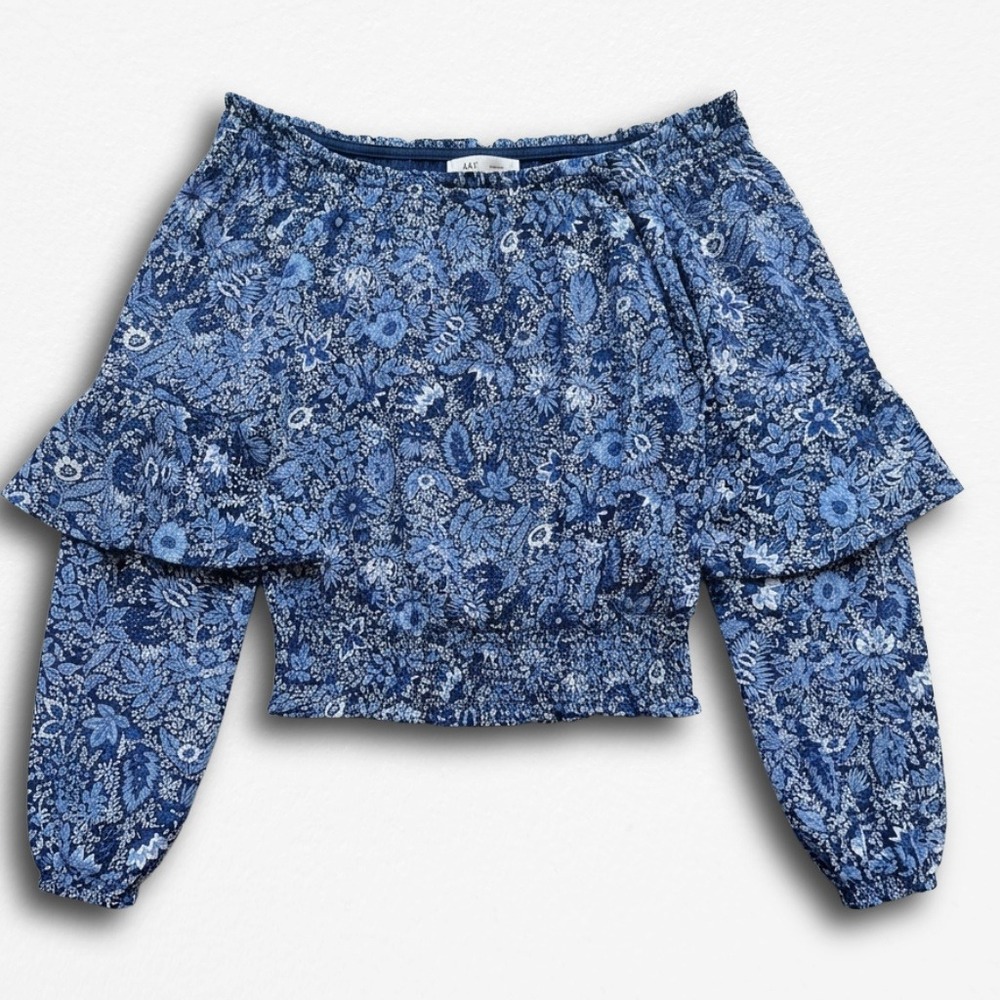 Banana Republic Blue Floralโ Off Shoulder Smocked Ruffle Blouse XS NWT